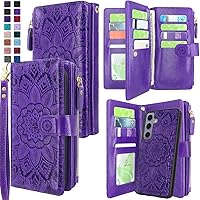 Harryshell Detachable Magnetic Zipper Wallet Leather Case with Cash Coin Pocket 12 Card Slots Holder Wrist Strap Lanyard for Samsung Galaxy S24 Plus 5G 6.7 inch (2024) (Flower Purple)