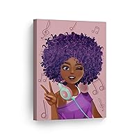 Purple Haired African Girl Earphones Pink Background Digital Painting Canvas Print Kids Room Wall Art African Art Home Decor Stretched Ready to Hang -100% Handmade in The USA - 12x8