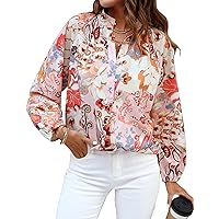Women's Dressy Blouse Lantern Sleeve Floral Print Button Down Shirts Casual Work Tops Spring Summer Fashion