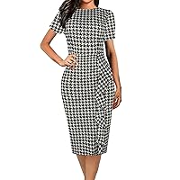 oxiuly Women's Casual Houndstooth Short Sleeve Round Neck Party Cocktail Pencil Sheath Knee-Length Dress OX055 (L, Houndstooth)