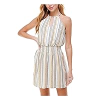 Womens Ivory Smocked Waist Keyhole Striped Sleeveless Halter Mini A-Line Dress Juniors XL