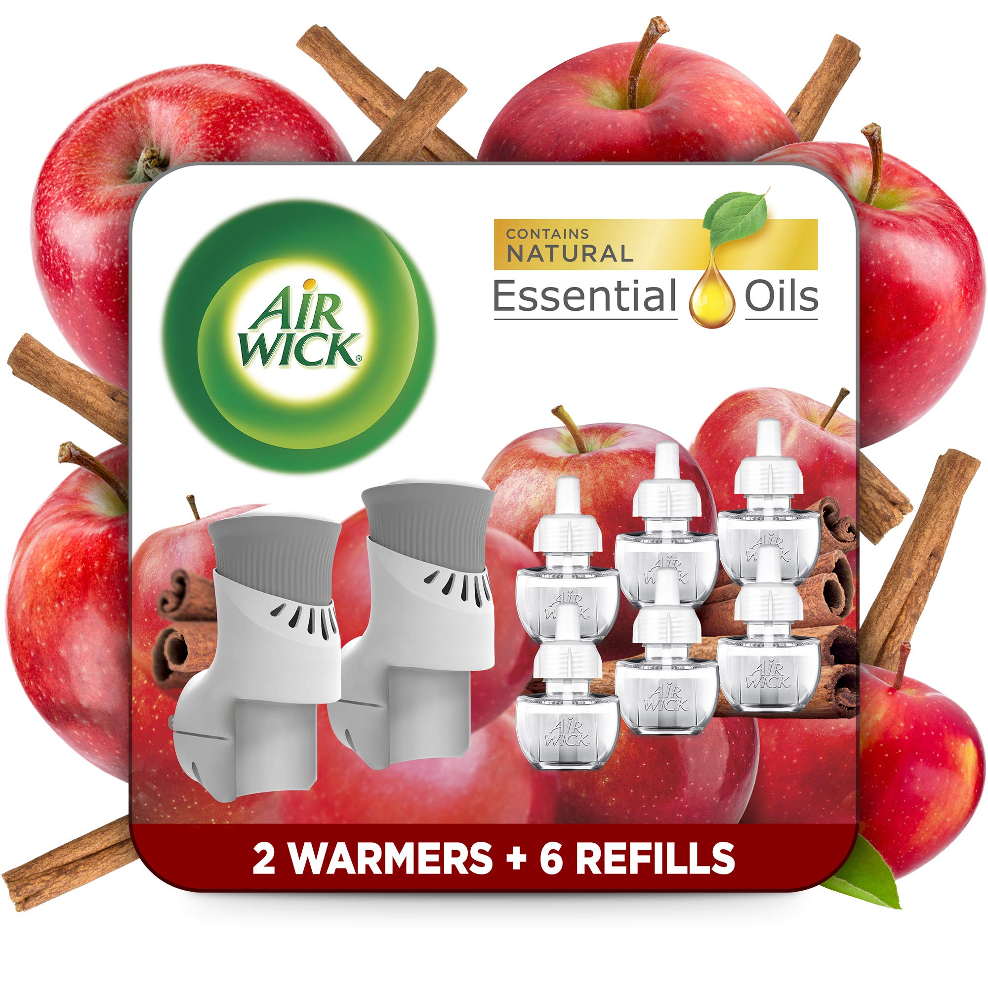 Air Wick Plug in Scented Oil Starter Kit (2 Warmers + 6 Refills) Apple Cinnamon , Essential Oils, Air Freshener