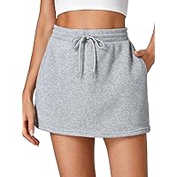 Vrtige Women's Casual Elastic High Waist Drawstring Workout Mini Skirt with Pockets
