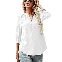 LOMON Women's Casual 3/4 Sleeve Henley V-Neck Button Up Pleated Back Blouses Swiss Dot Blouse Tops T-Shirts S-XXL