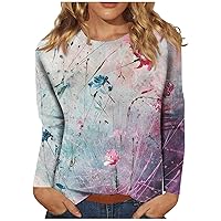 Womens Winter Tops Cute Flower Print Long Sleeve Shirts Comfy Round Neck Sweatshirt Going Out Clothes