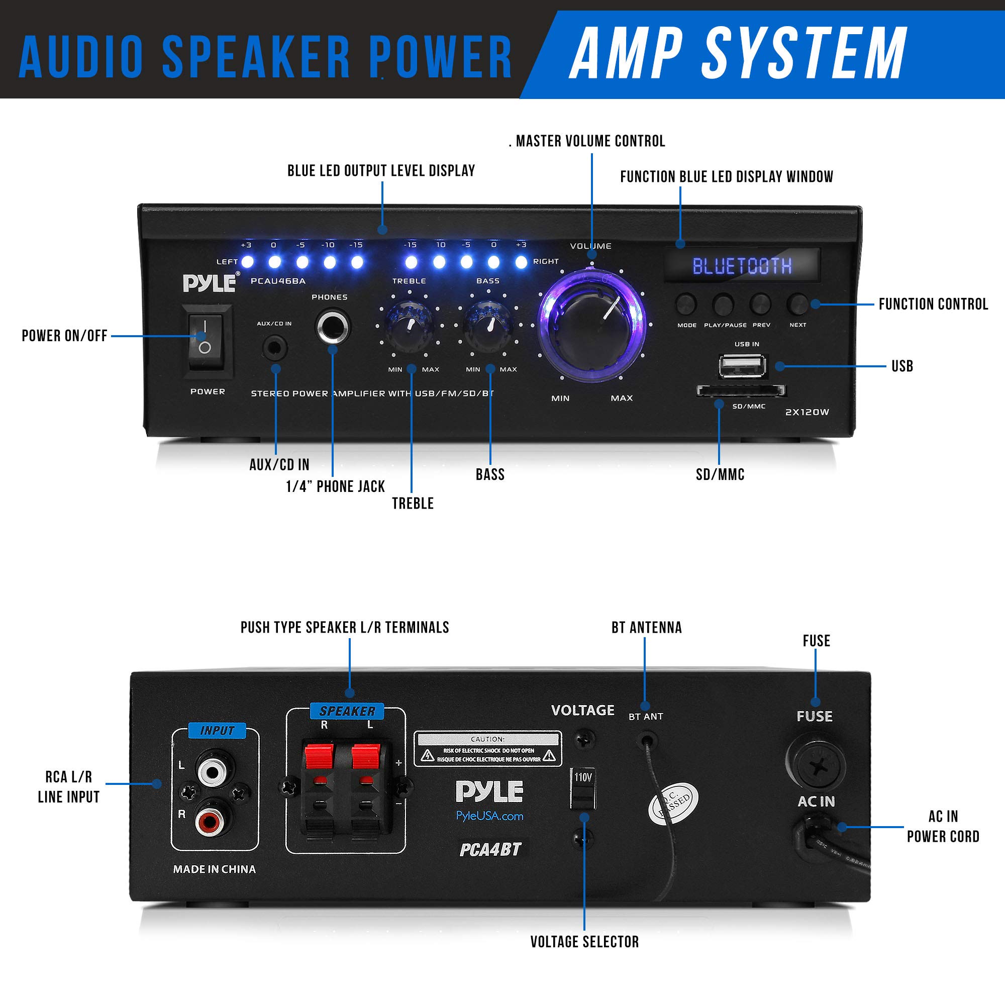 Pyle 2x120 Watt Power Amplifier Home Audio Bluetooth Receiver System W/Blue Led Display, USB/SD, AUX, RCA, Headphone Jack - Remote
