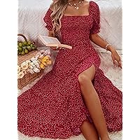Women's Dress Polka Dot Shirred Puff Sleeve Split Thigh Ruffle Hem Dress Summer Dress (Color : Burgundy, Size : Large)