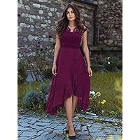 Fall Dresses for Women 2022 Floral Lace Bodice Ruffle Hem Evening Party Formal Dress (Color : Maroon, Size : Medium)
