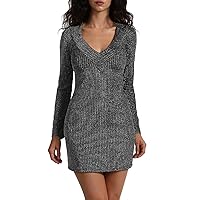 Womens Long Sleeve V-Neck Metallic Holiday Cocktail Dress Made in USA