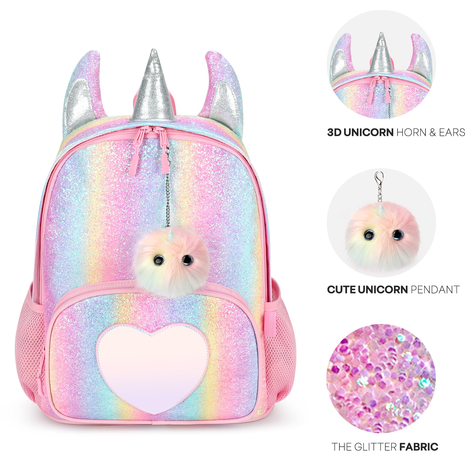 mibasies Girls Backpack for Kids, Unicorn Backpack for Girls, Glitter Rainbow Elementary School Backpack(Glitter Rainbow)
