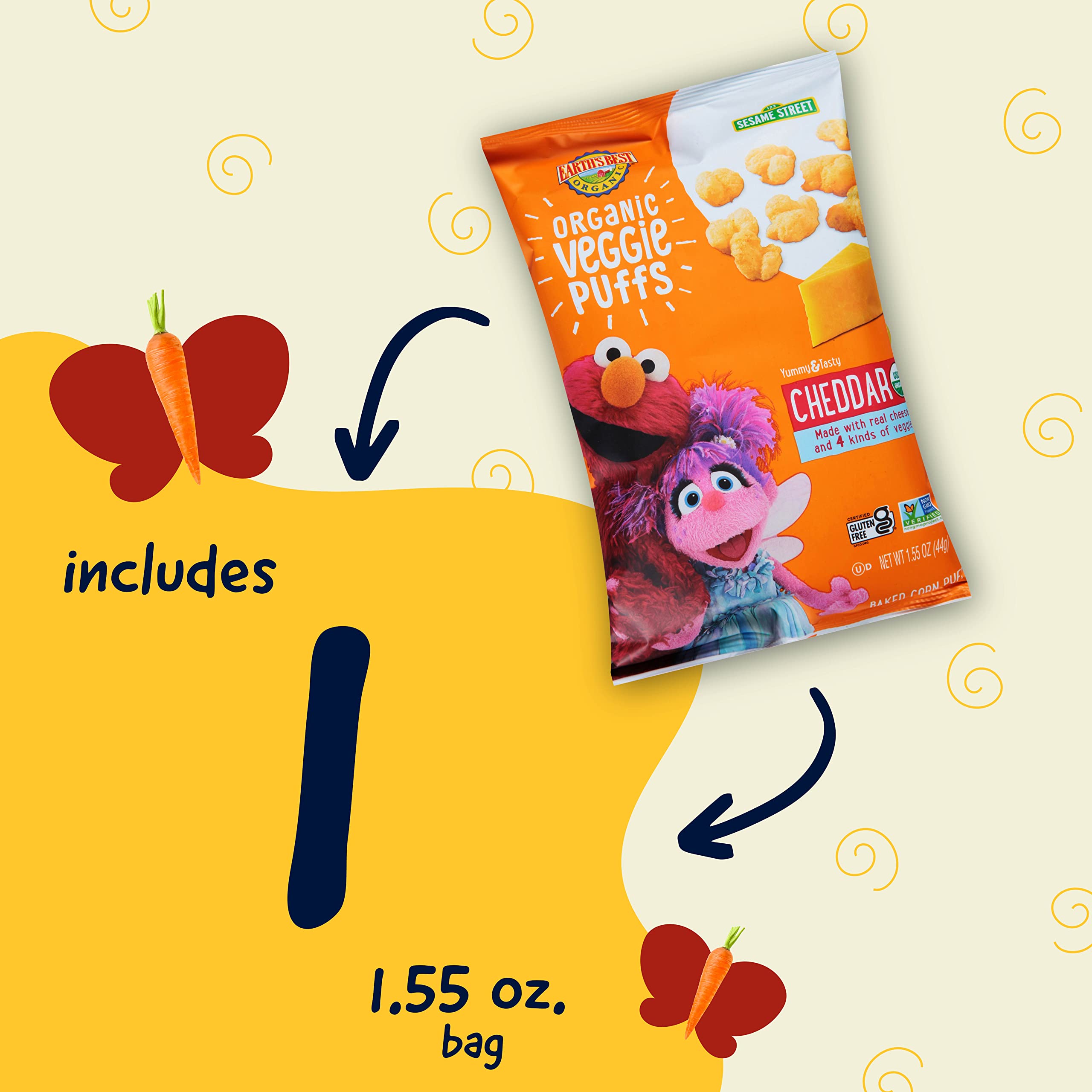 Earth's Best Organic Kids Snacks, Sesame Street Toddler Snacks, Organic Cheddar Veggie Puffs, Gluten Free Snacks for Kids 2 Years and Older, Cheddar, 1.55 oz Bag (Pack of 3)