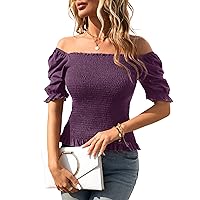 KTILG Square Neck Tops for Women Off The Shoulder Summer Crop Blouses Ladies Puff Short Sleeve Cute Casual Smocked Shirts