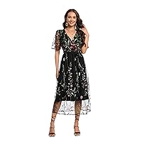 BaronHong Women's Floral Embroidered Tulle Prom Half-Sleeve V Neck Midi Dress with Waist Strap