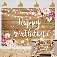 Rustic Wood Floral Birthday Backdrop Spring Flower Wood Glitter Happy Birthday Photography Background for Women Photo Booth Props Kids Adult Birthday Wedding Party Cake Table Decoration
