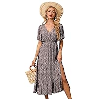 MURMUREY Womens Off Shoulder Summer Dresses Square Neck Short Sleeve Tie Backless Ruffle A Line Casual Layer Mini Dress