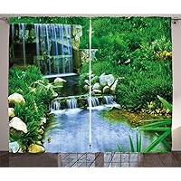 Ambesonne Nature Curtains, Waterfall Flowing Down The Rocks Foliage Cascade in Forest Valley Image, Living Room Bedroom Window Drapes 2 Panel Set, 108