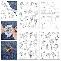 GLOBLELAND 4 Sheets 50Pcs Flower and Vase Bottle Water Soluble Stabilizer Hand Sewing Stabilizers with Pre Printed Stick and Stitch Self Adhesive Wash Away Stabilizer for Bags Cloth Embroidery