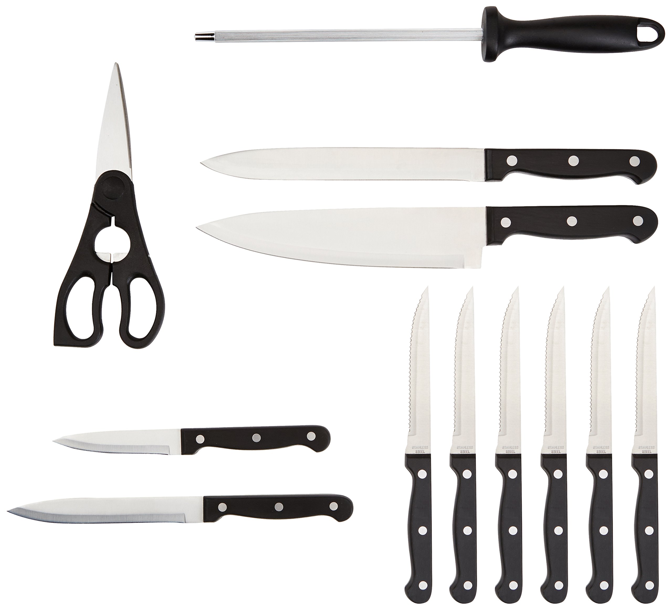 AmazonBasics 16-Piece Kitchen Dinnerware Set, Plates, Bowls, Mugs, Service for 4, White & 14-Piece Kitchen Knife Set with High-Carbon Stainless-Steel Blades and Pine Wood Block