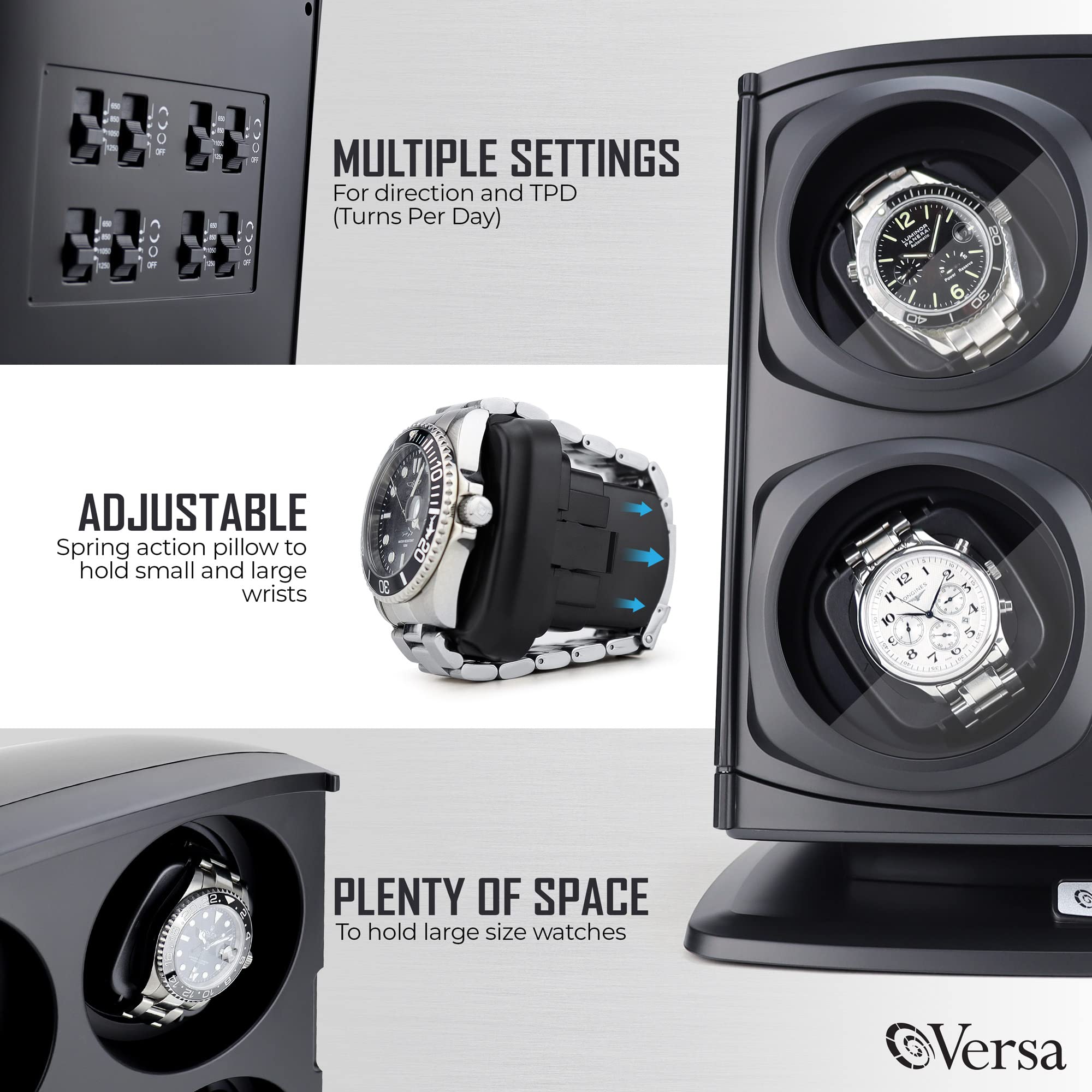 Versa [Newly Updated] Quad Watch Winder in Black - Independently Controlled Settings - Multiple Direction and Timer Settings - Adjustable Watch Pillow - Plenty of Space for Large Watches - No Magnets