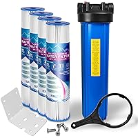 High Capacity 20 x 4.5-Inches Blue Whole House Water Filter Purifier System with Presser Relief Button, 1” Inlet/Outlet Brass Port & Yearly Supply (4) Pleated Washable Sediment Cartridges 5 Micron