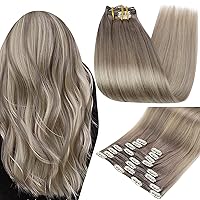 Full Shine Clip in Human Hair Thick Clip in Balayage Hair Extensions Clip in Human Hair Color 19A Ash Blonde Fading To Color 60 White Blonde 7 Pcs Clip in Remy Hair for Women 16 Inch