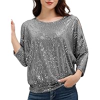 JASAMBAC Women's Sparkle Sequin Tops Shimmer Glitter Loose Cold Shoulder Party Tunic Batwing Dolman Dressy Tops