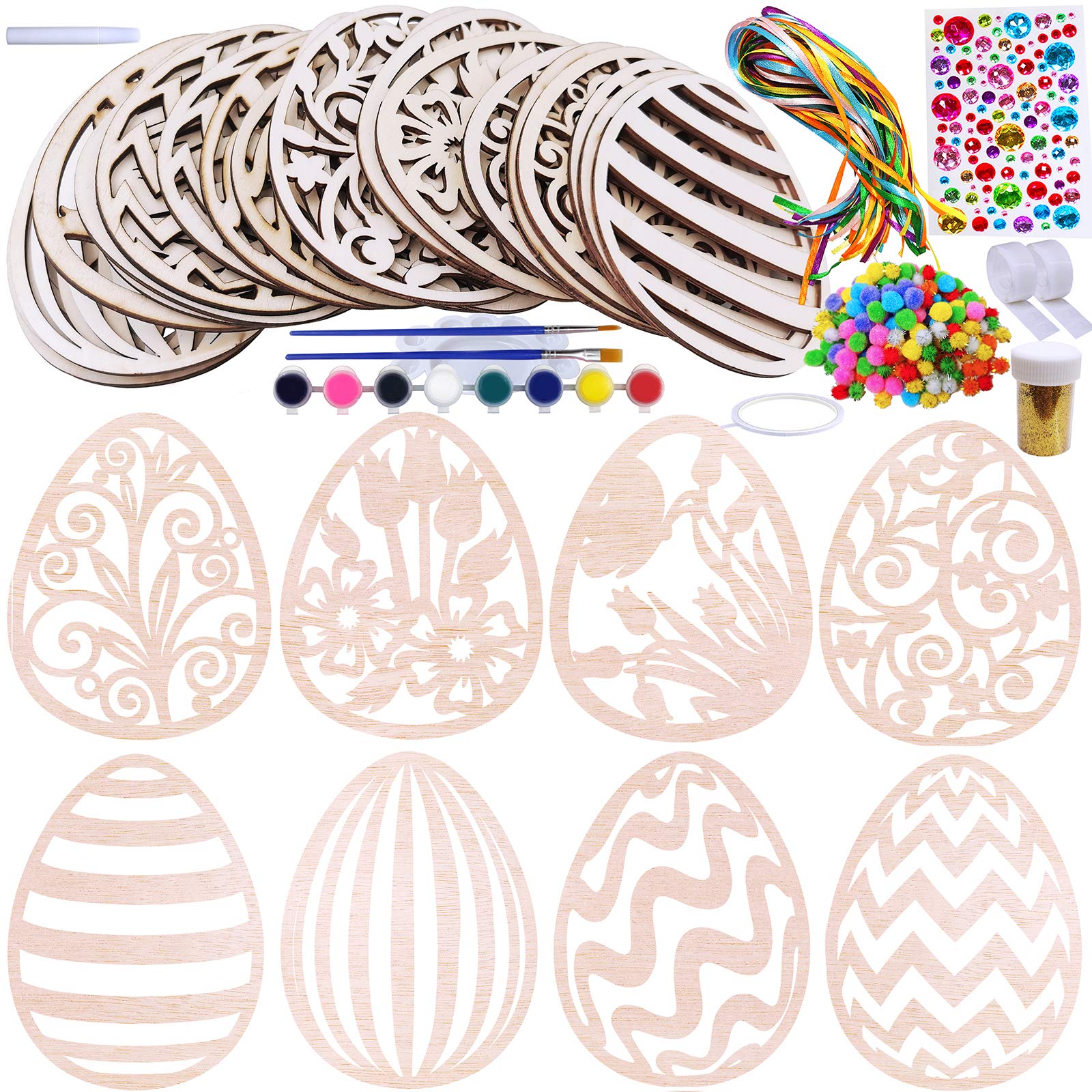 32 Sets Wooden Easter Ornaments Decorations DIY Easter Craft Kits Assorted Paintable Unfinished Wood Laser Cut Easter Egg Ornaments Pom-poms for Kids Easter Spring Classroom Home Activity Art Project