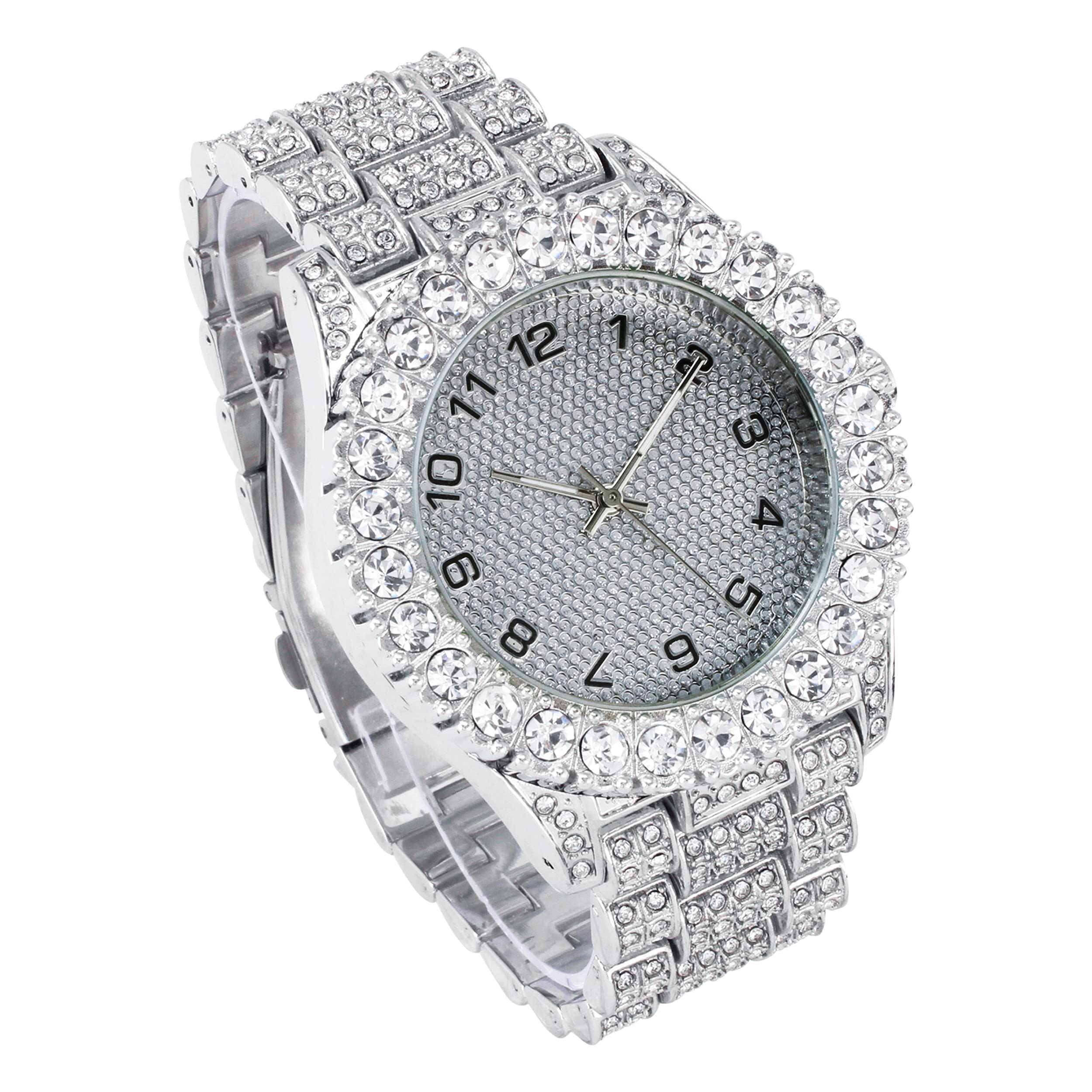 Luxury Mens 44mm Iced Diamond Solitaire Watch - Stunning Bling Dial & Bezel with Ravishing Crystals - 14k Gold, Silver, & Two-Tone Finish - Choose Numeral or Roman Dial - Watch, Bracelet & Chain Sets