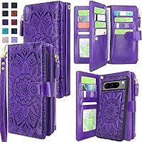Harryshell Compatible with Google Pixel 8 Pro Case Wallet Detachable Magnetic Cover Leather Case Cover with Cash Coin Zipper Pocket 12 Card Slots Holder Wrist Strap Lanyard (Flower Purple)