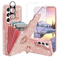 for Galaxy S24 Case Wallet,with [Screen Protector + Camera Lens Protector] Glitter Cute 5 Card Holder 360°Ring Stand Women Shockproof Flip Phone Cover for Samsung S24 Case,Rose Gold,6.2