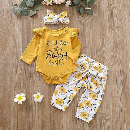 PigMaMa 3 Pcs Infant Baby Girl Clothes Letter Print Long Sleeve Romper Flower Pant Headband Toddler Outfits Set