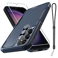 for Samsung Galaxy S23 FE Case [NOT for S23], Full Body Heavy Duty Rugged Shockproof Protective Phone Cover with Wrist Strap Lanyard, Tempered Glass Screen Protector and Camera Lens Cover, Navy Blue