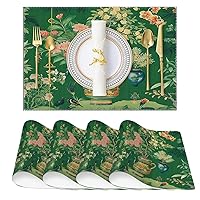 Chinoiserie Ming Vase Table Place Mats Traditional Green Asian Inspired Foldable Anti-Skid Table Placemat Set of 4 Vintage Rustic Dining Table Mats for Kitchen Table and Bar Mats