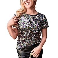 Women's Workout Tops Glitter Sequin Tops Short Sleeve Shirts Festive Tops Party Casual Shirts, S-2XL