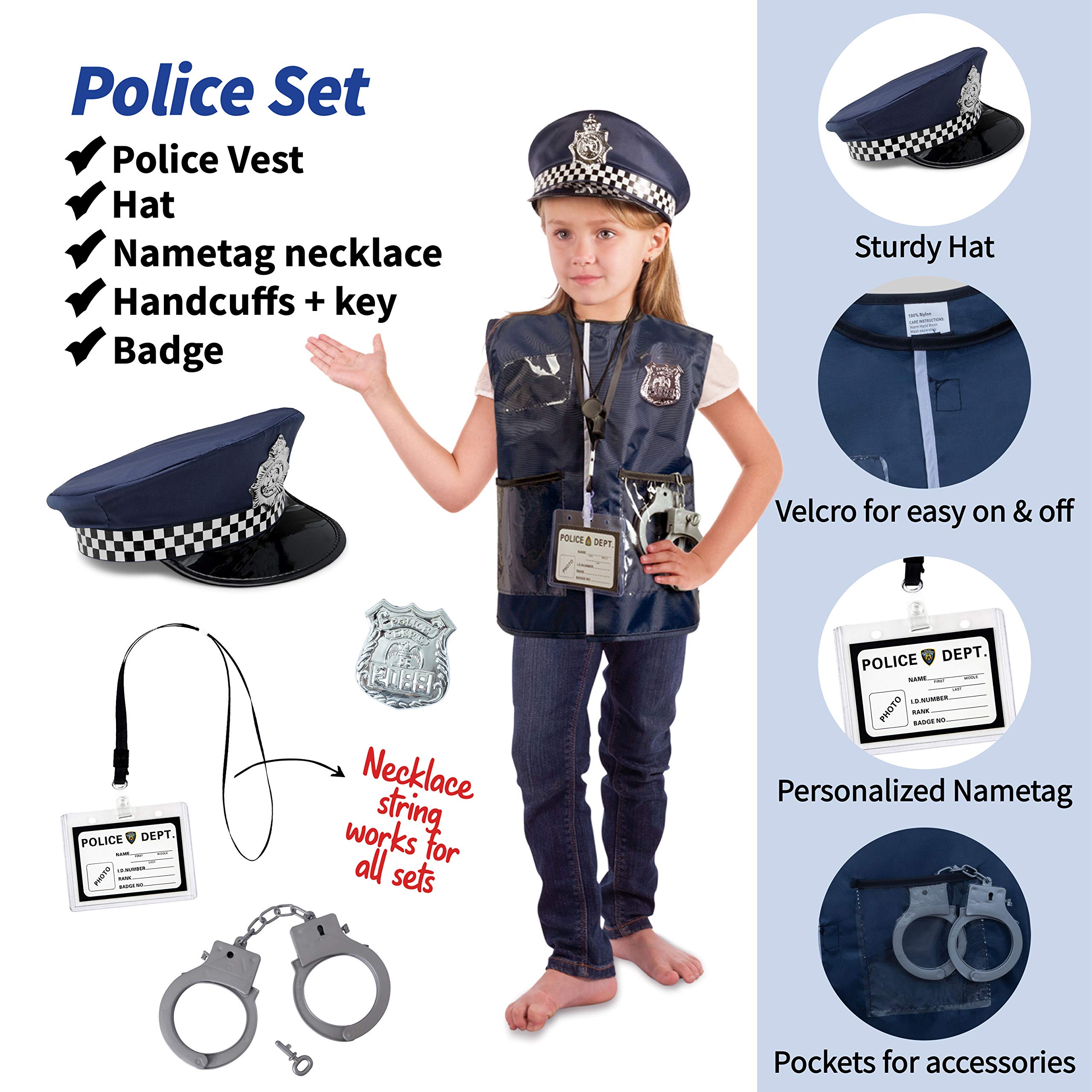 Born Toys Premium 16pcs Costume Dress up set for kids ages 3-7 fireman,police costume, and doctor all sets are washable and have accessories