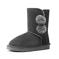 DREAM PAIRS Girls Boots Kids Boys Winter Snow Suede Faux Fur Lined Mid Calf Boots Grey Size 1 Little Kid SHORTY-POMPOM