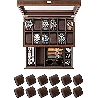 TAWBURY Bayswater 12 Slot Watch Box with Drawer (Brown) with a Set of 12 Extra-Small Pillows to Fit 5.5-6.5