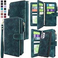 Harryshell Detachable Magnetic Zipper Wallet Leather Case with Cash Coin Pocket 12 Card Slots Holder Wrist Strap Lanyard for Samsung Galaxy A32 5G (2021) (Flower Teal)