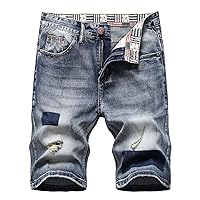Men's Classic Denim Shorts Vintage Casual Stretch Waist Loose Fit Washed Distressed Ripped Jean Shorts Sports Pants