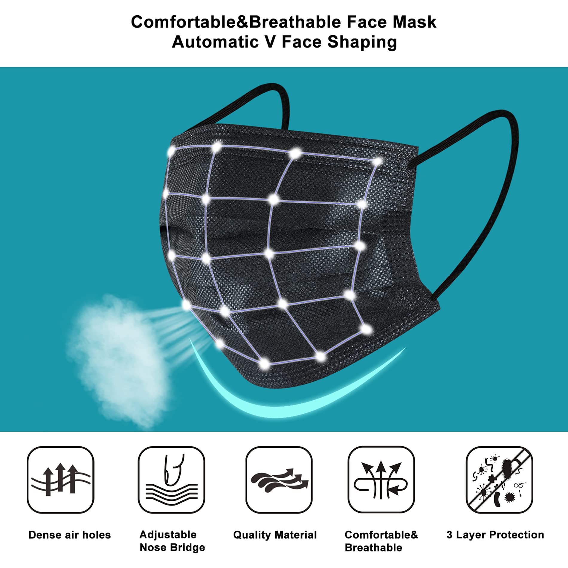50Pcs Disposable Face Masks, 3 Ply Disposable Masks, Black Face Mask