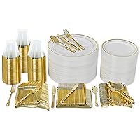 Prestee 600 Piece Plastic Disposable Dinnerware Set 100 Guests - Includes Dinner Plates, Salad Plates, Knives, Forks, Spoons, & 9 oz Cups | Gold