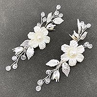 Pearls Flower Hair Clips 2pcs Bridal White Floral Silver Leaf Vine Hair Pieces Accessories for Wedding Women