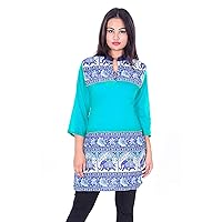 Indian Womne's Top Teal Color Animal Print Tunic Ethnic Casual Cotton Kurti Plus Size