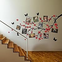 Family Tree Wall Home Decor Anniversary Gifts Family Wall Art Stickers for Living Room Wooden Tree with Photo Frames Picture Collage Wood Housewarming Gift (Butterflies with Red Flowers)