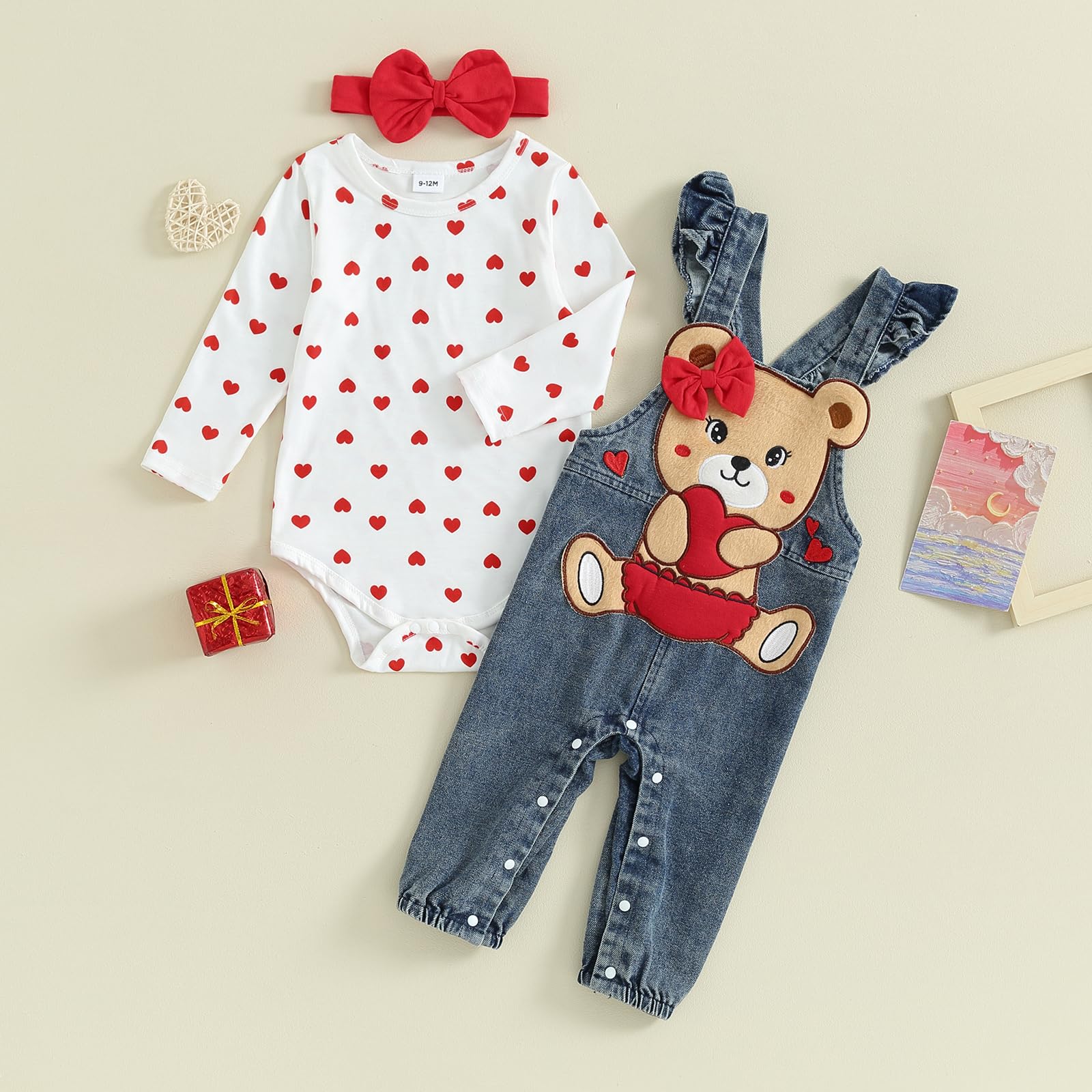 Baby Girl Valentine's Day Clothes Heart Print Long Sleeve Romper Bear Embroidery Denim Overalls Pants Headband