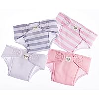 JC Toys Baby Doll Washable and Reusable Eco Diapers 4 Pack Fits Dolls 14 to 18 inch in Pink/White/Grey