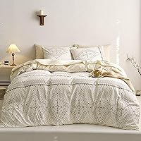 Wake In Cloud - Queen Comforter Set with Sheets, 7 Piece Bed in a Bag, Lightweight Bedding for Women Girls, Boho Chic Bohemian Aztec on Ivory Beige Cream Cute Neutral Aesthetic
