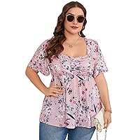 Women Plus Size V Neck Tunic Tops Short Sleeves Pleated Peplum Babydoll Casual Blouse T Shirts
