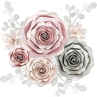 Rainbows & Lilies Paper Flowers Decorations for Wall, Wedding, Bridal Shower, Baby Girl Nursery Decor, Kids Room, Flower Backdrop, Party - 10-Pc, Wall Flowers Wall Decor (Pink, Gray, Off-White)