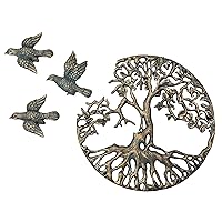 Top Brass Tree of Life Wall Plaque with 3 Free Flying Birds Decorative Celtic Spiritual Garden Art Sculpture